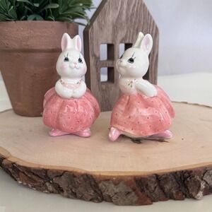 Vintage Applause Bunny Salt and Pepper Shakers Pink Ballerina Dress Easter Decor
